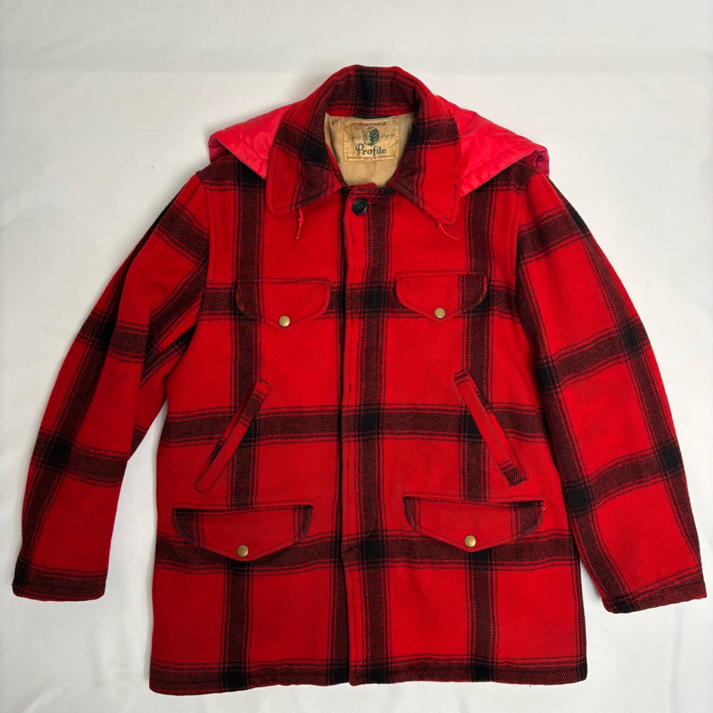 Vintage 30s Buffalo Hunting Jacket w Hood Mens Medium Red Plaid 1940s Wool Coat - Picture 2 of 16